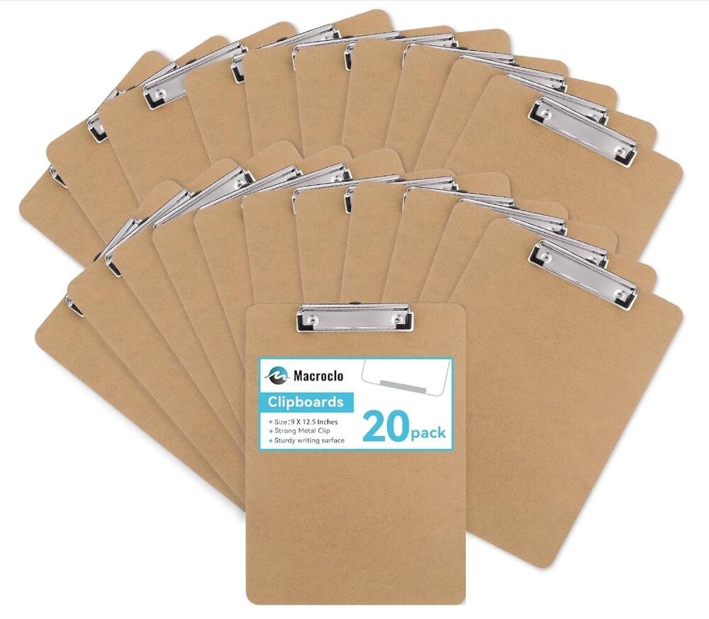 20 Pack Wood Hardboard Clipboards Letter Size 9x12.5 Metal Clip Open Box